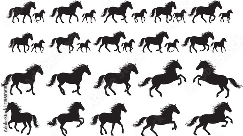 Collection of black horse silhouettes running and rearing with small young foals