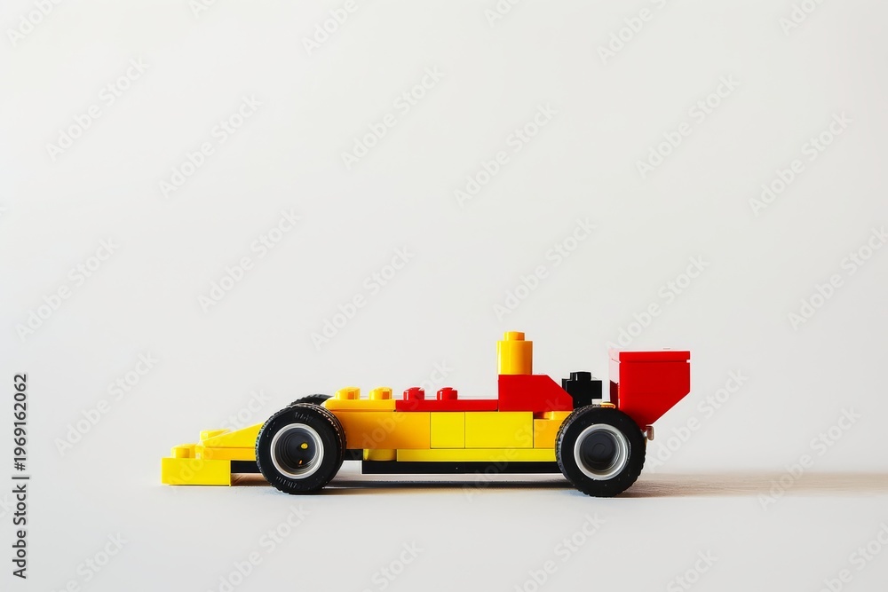 Obraz premium Toy block race car yellow red minimal design white background clean product style composition