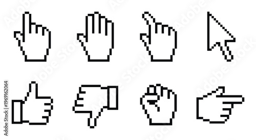 Set of pixelated computer mouse cursors in various hand gestures and arrows