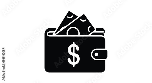 A financial vector graphic illustration displaying a full wallet with paper money and a prominent dollar sign, symbolizing wealth, savings, and economic prosperity.