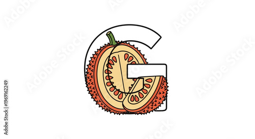 Vibrant Gac fruit illustration forming the letter G, a unique botanical alphabet design