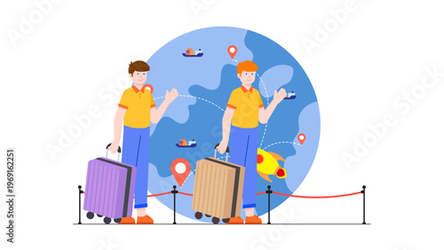 Two businessmen with suitcases standing in line at an airport for an international flight