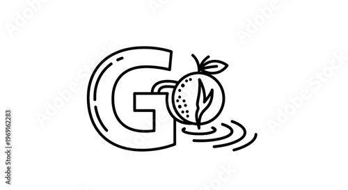 Modern minimalist line art illustration of the letter G with a citrus fruit creating water ripples