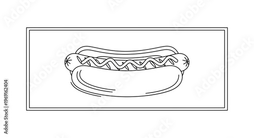 Minimalist line art illustration of a classic hot dog with mustard in a soft bun, a popular fast