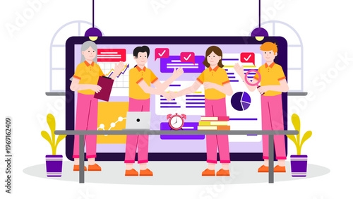 Diverse team collaborating in office with digital screens showing project data