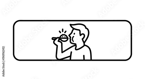 Minimalist line art icon of a person savoring a spoonful of food, depicting an enjoyable eating