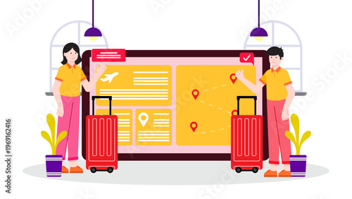 Travelers using large interface to book flights and plan travel routes