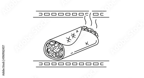 Steaming hot traditional Mexican burrito illustration icon outline artwork savory meal graphic
