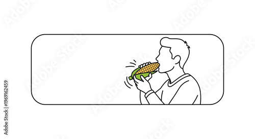 Minimalist vector drawing of an individual biting into a vibrant yellow corn on the cob for