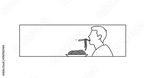 A minimalist line art illustration of a person enjoying a bowl of pasta with a fork