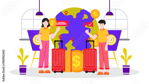 International business expansion concept with money, luggage, and global targets