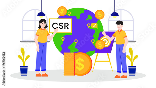 Corporate social responsibility concept with business people managing global social impact and financial target