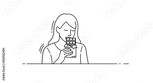 Minimalist illustration depicting a woman deeply savoring a delicious chocolate bar with eyes