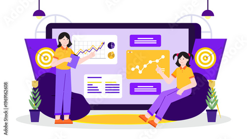 Professional characters analyzing data charts and financial reports on a digital screen to prepare a corporate statement