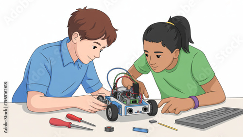 Two children collaborating on building a toy robot together