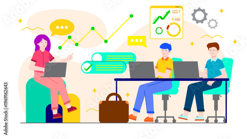 Group of business people discussing sales funnel data on laptop