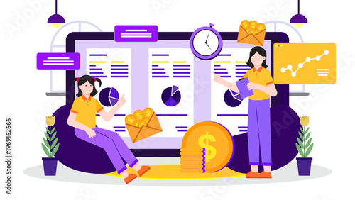 Modern illustration showing professionals managing cash flow and monitoring financial liquidity using digital tools and charts