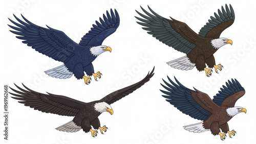 Four black crows in flight with outstretched wings and tails fanned