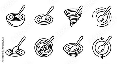 Stirring spoon in bowl icon set showing liquid mixing motion for culinary recipes and food preparing