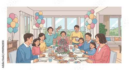 Family Gathering Celebration with Multi Generational Family at Dinner Table