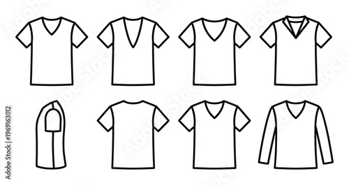 V neck tshirt line icon set featuring different sleeve lengths and neck depths for fashion design