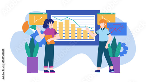 Two business experts discussing market trends and positioning using various analytical charts and bar graphs