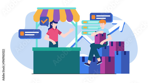 Illustration of a person managing a retail stall next to stacked shipping boxes for branding and distribution