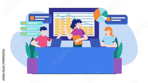 Marketing professionals collaborating on a strategic campaign using data charts and graphs on a large screen