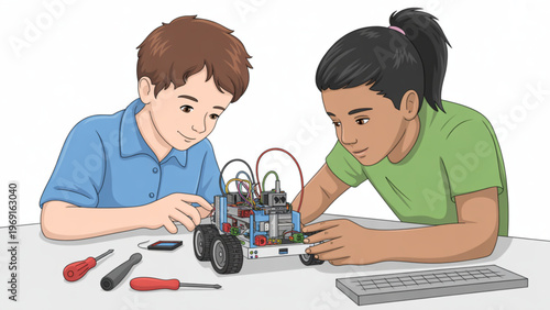 Two children collaborating on a robotics project together