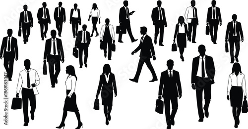 Business people silhouettes walking in diverse poses with briefcases and formal outfits isolated on white background vector illustration