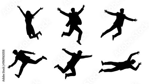 Dynamic silhouettes of a person performing various acrobatic jumps in mid-air