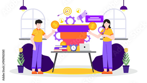 Two business professionals standing in a modern office analyzing a colorful sales funnel with growth icons