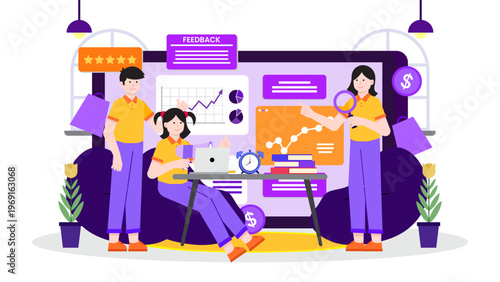 Team of marketers analyzing campaign performance and customer feedback on a digital dashboard in a cozy office