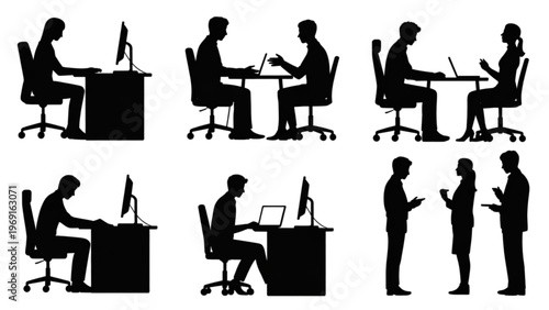 Various office meeting and working scenarios with people collaborating around desks and tables