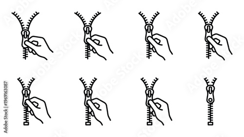 Zipper opening and closing icon set with hand pulling slider on textile clothing fastening fastener