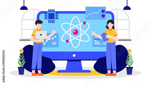 Specialsists analyzing quantum computing data on a large monitor