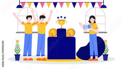 Happy employees celebrating achievement with a trophy and rewards