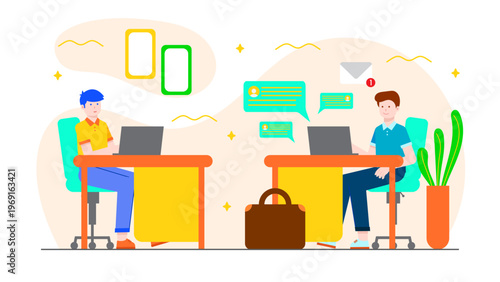 Two employees working at their desks managing digital communication and email messages in the office