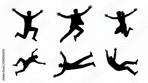 Dynamic figures performing mid-air acrobatic jumps and flips in various positions