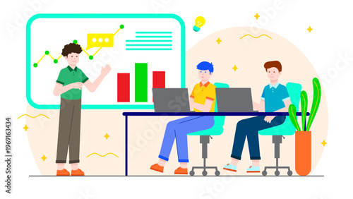 Group of coworkers reviewing growth analytics and presenting slides during a project meeting