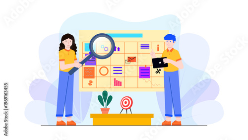 Two office workers using a magnifying glass to analyze sticky notes and tasks on a large planning board