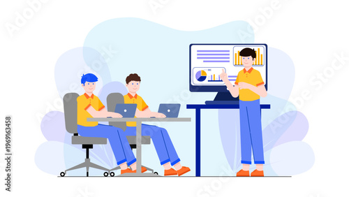 Team of business professionals collaborating on presentation slides and data visualization on a computer screen