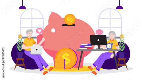 Elderly professionals planning their long term future and retirement savings with a large piggy bank