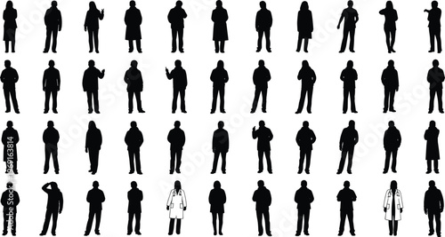 Collection of diverse people silhouettes standing in different poses isolated on white background vector illustration set for design use commercial
