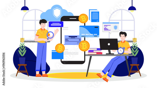 Characters managing cryptocurrency transactions and secure blockchain payment via mobile app