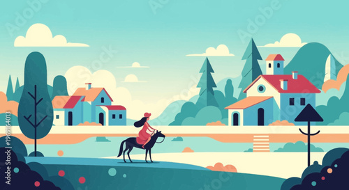 Rural Illustration of a Woman Riding a Horse Through a Scenic Village