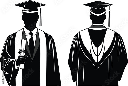 Graduate silhouette front and back view holding diploma wearing cap and gown isolated on white background vector illustration