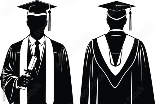 Graduate silhouette front and back view wearing cap and gown holding diploma isolated on white background vector illustration education concept