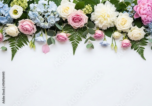 Elegant floral border with pastel hues and botanical accents on white backdrop