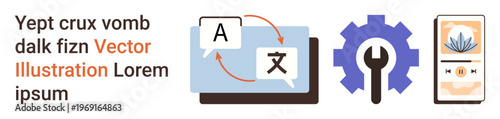 Language learning, app development, globalization, digital tools, system configuration, mobile applications. Language translation symbols, tools and a mobile app interface. Language learning and app